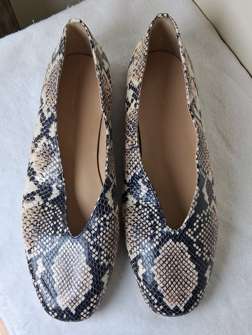 Ann Taylor Snake-Print Flats in Beige and Black